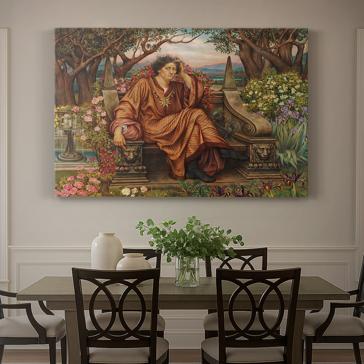 Canvas art print featuring a distressed figure surrounded by flames and torment in symbolic hell scene, showcased as a statement wall artwork