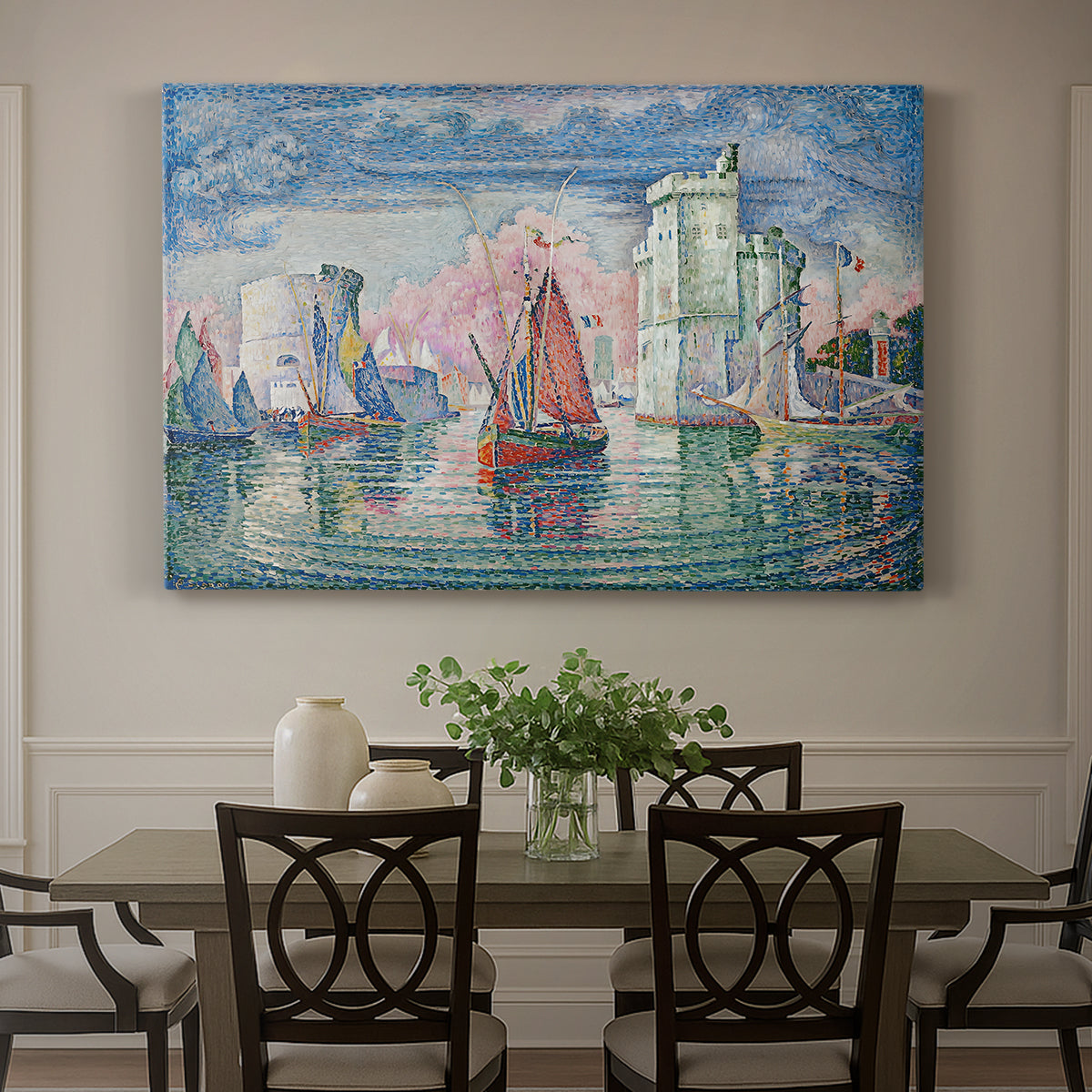 Canvas art print featuring a harbor opening with boats and structures, showcased as a statement wall artwork
