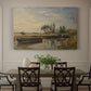 Canvas art print featuring a barge floating on river near lock with greenery, showcased as a statement wall artwork