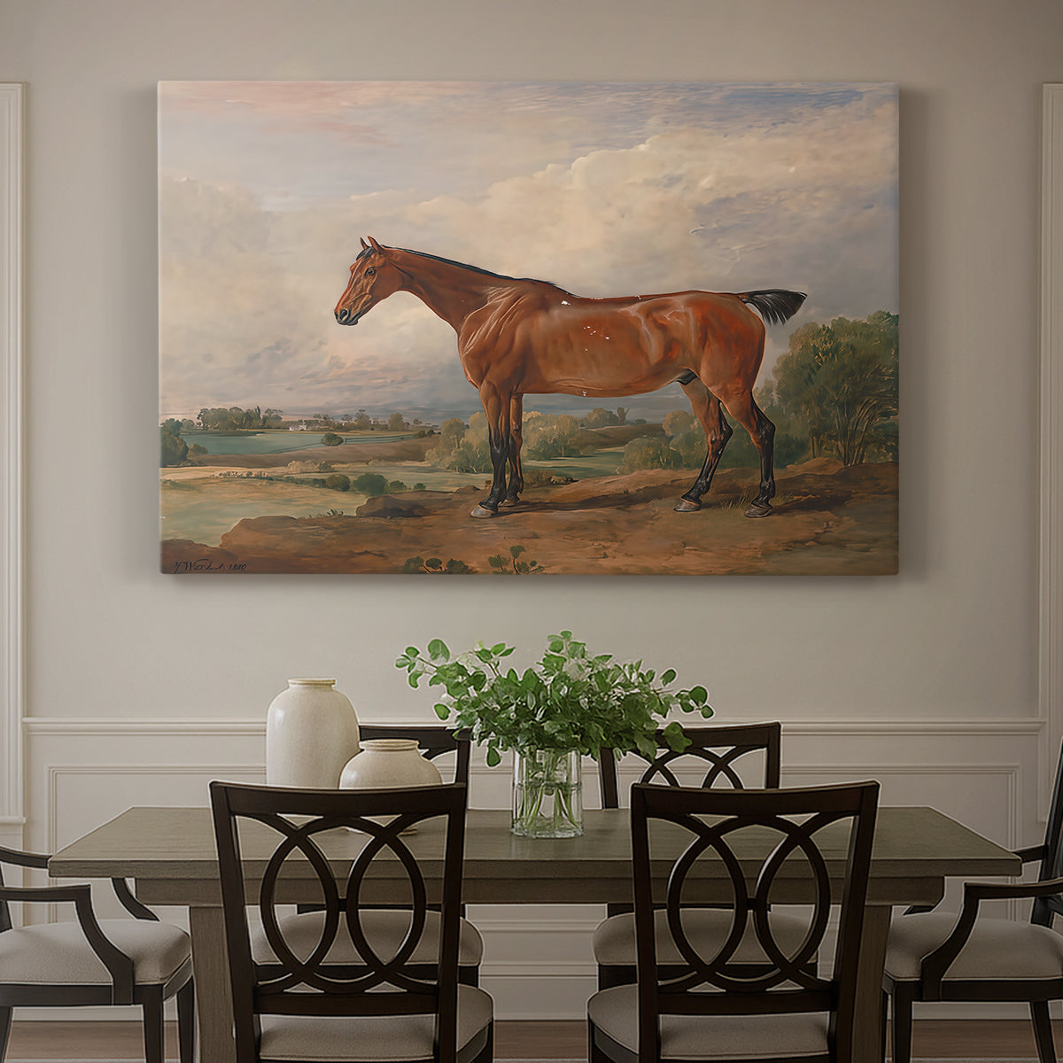 Canvas art print featuring a mounted hunter with dog in open rural landscape, showcased as a statement wall artwork
