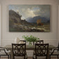 Canvas art print featuring a rugged Norwegian coastline with cliffs, water, and distant boats, showcased as a statement wall artwork