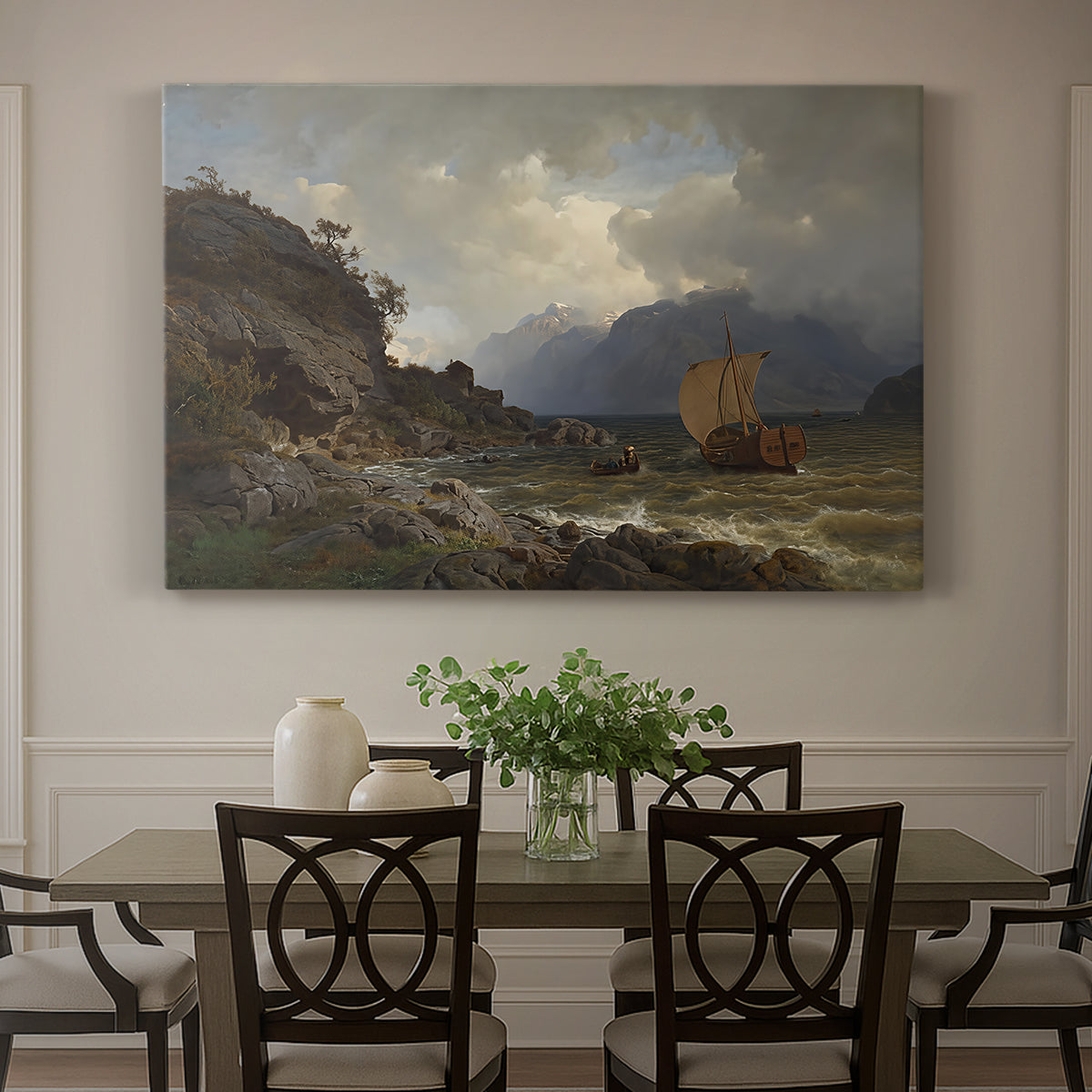 Canvas art print featuring a rugged Norwegian coastline with cliffs, water, and distant boats, showcased as a statement wall artwork