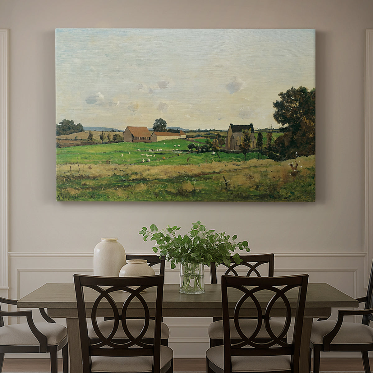 Canvas art print featuring an estate building surrounded by trees and open pastoral landscape, showcased as a statement wall artwork