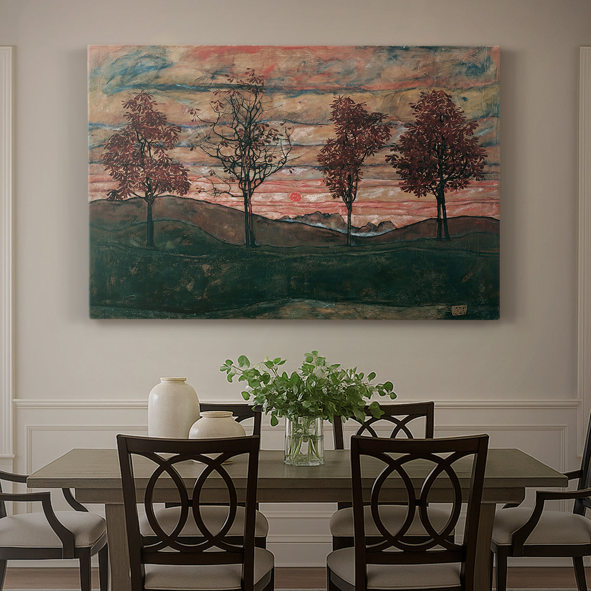 Canvas art print featuring four trees standing in open landscape against colorful sky, showcased as a statement wall artwork
