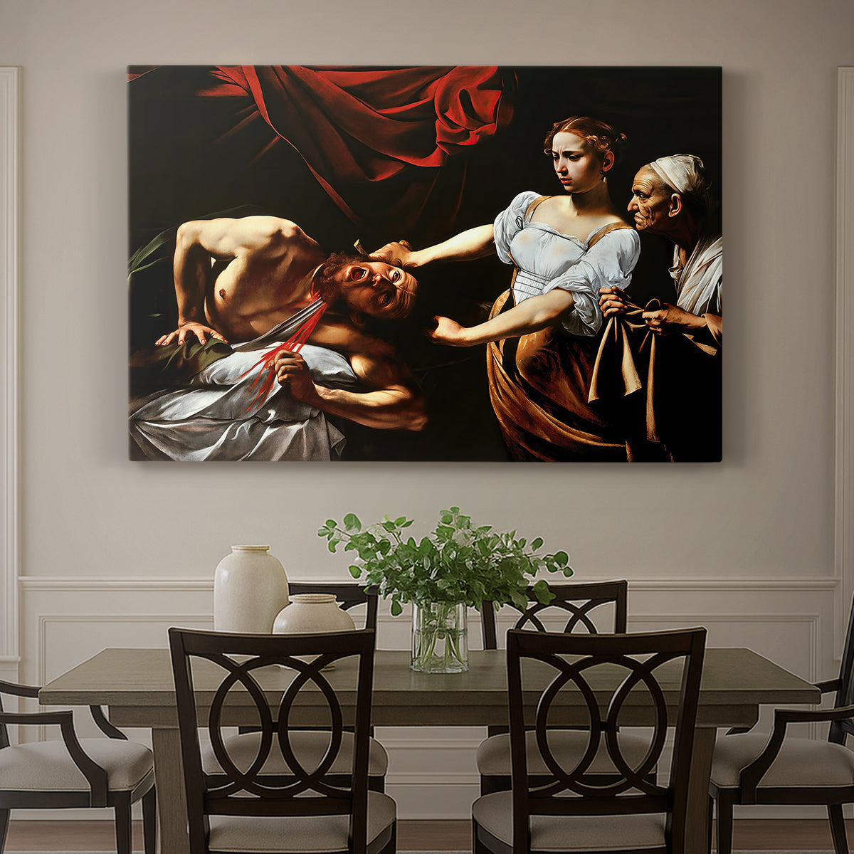 Canvas art print featuring Judith cutting off Holofernes' head as maidservant assists beside her, showcased as a statement wall artwork