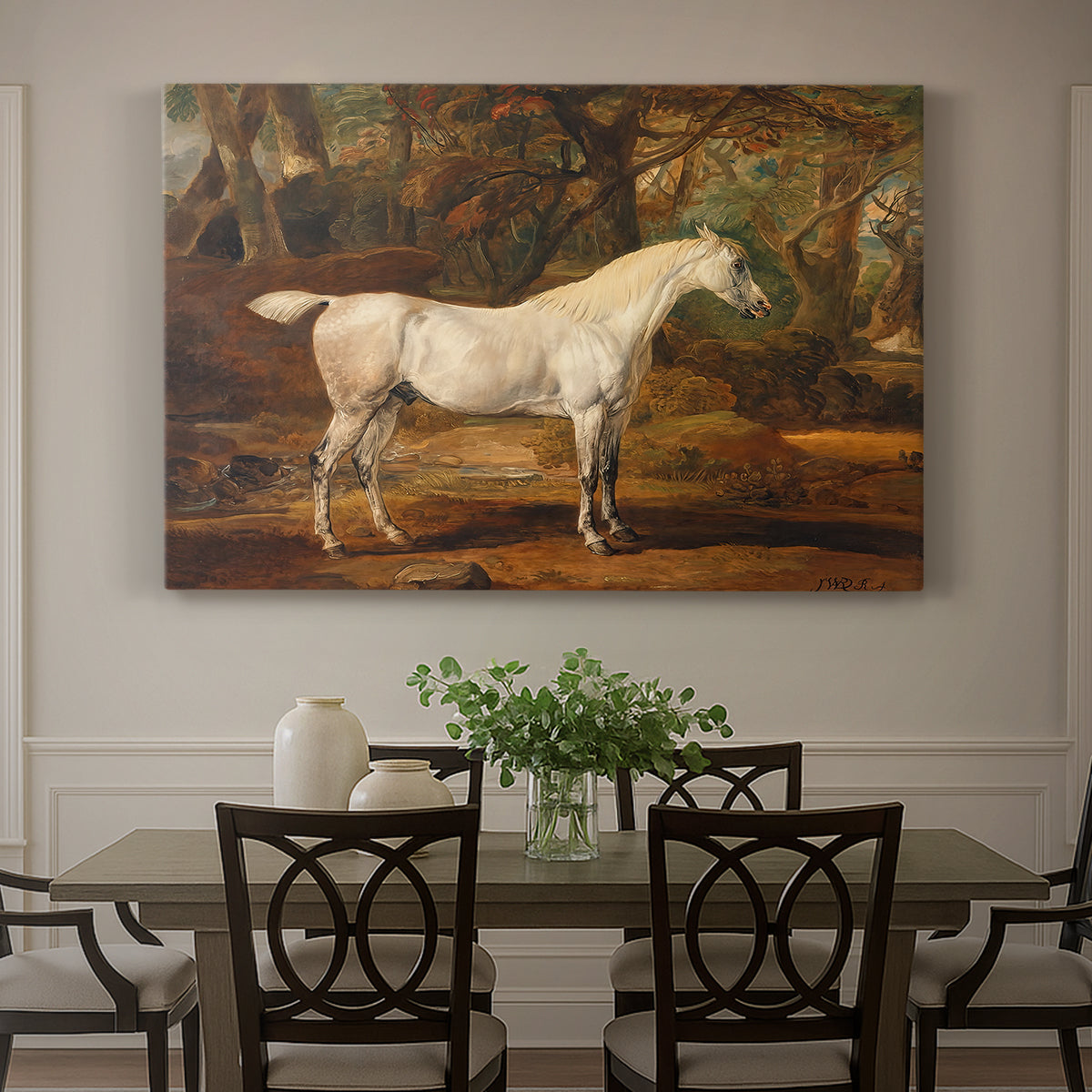 Canvas art print featuring a grey Arabian stallion standing in landscape with refined posture, showcased as a statement wall artwork