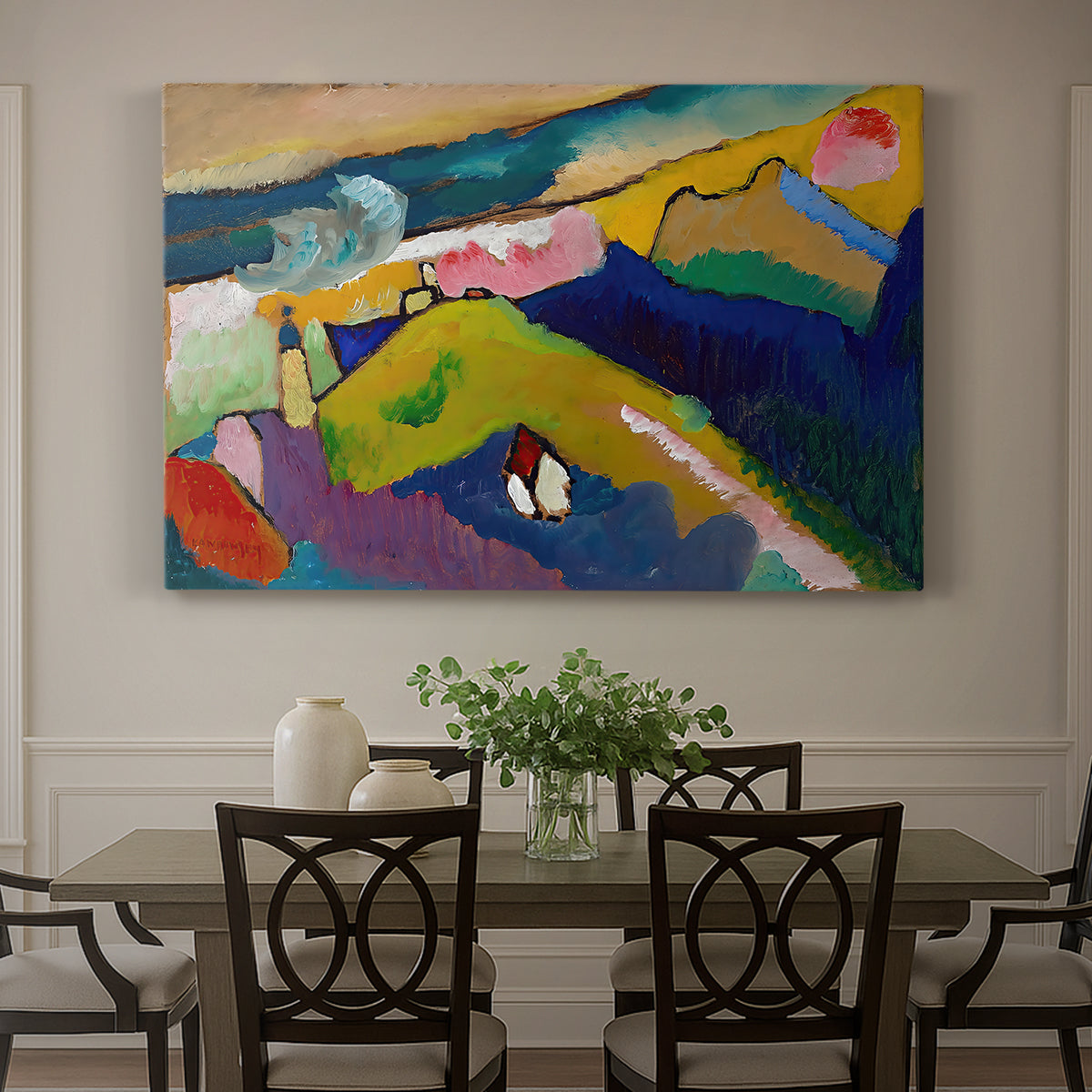 Canvas art print featuring a simplified mountain village scene with church and surrounding hills in bold color, showcased as a statement wall artwork