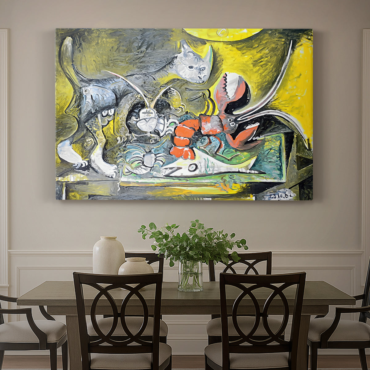 Canvas art print featuring an abstract still life combining cat and lobster, showcased as a statement wall artwork