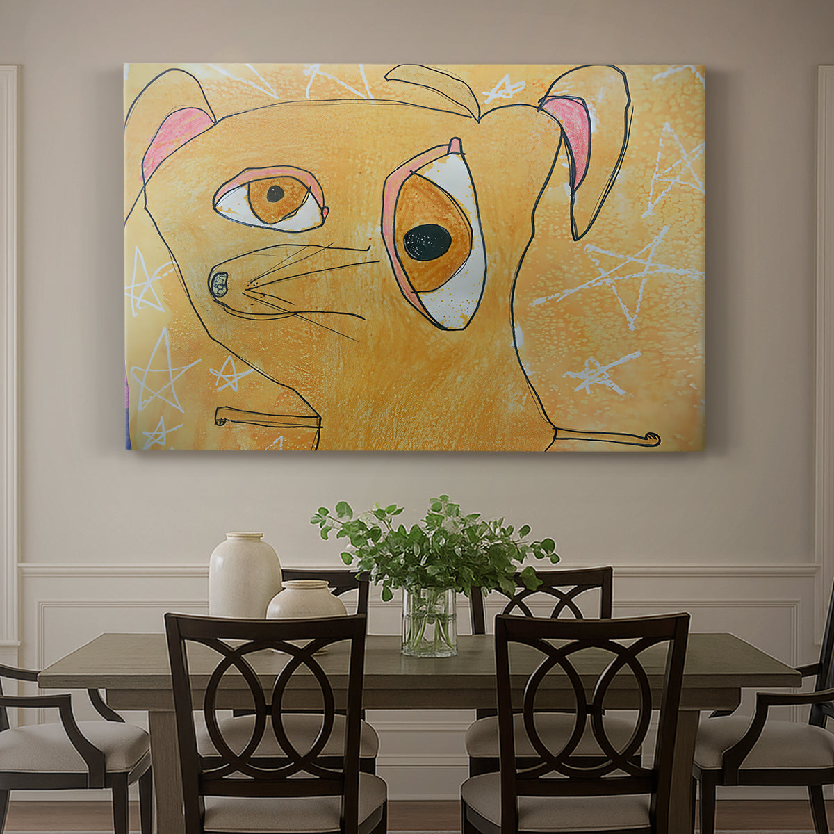 Canvas art print featuring a geometric dog composed of angular shapes with stars, showcased as a statement wall artwork