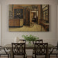 Canvas art print featuring a figure standing inside rustic inn interior with wooden furnishings and doorway, showcased as a statement wall artwork