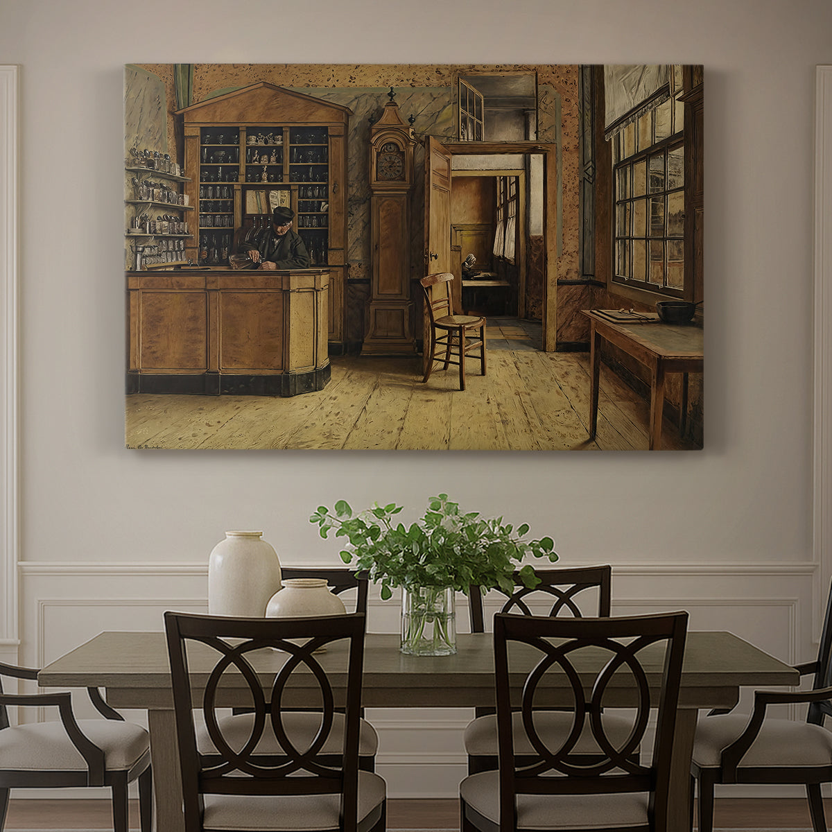 Canvas art print featuring a figure standing inside rustic inn interior with wooden furnishings and doorway, showcased as a statement wall artwork