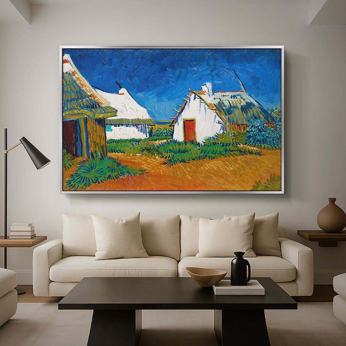 Three White Cottages at Saintes-Maries, 1888 - Floater Framed Canvas Print