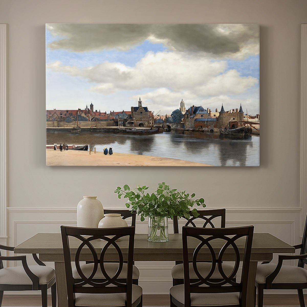 Canvas art print featuring a cityscape of Delft with buildings reflected in calm water, showcased as a statement wall artwork
