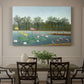 Canvas art print featuring flamingos standing in water surrounded by trees and vegetation, showcased as a statement wall artwork