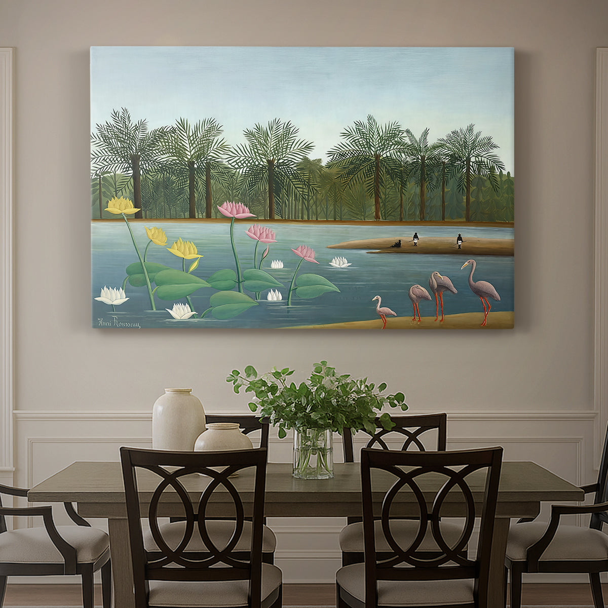 Canvas art print featuring flamingos standing in water surrounded by trees and vegetation, showcased as a statement wall artwork