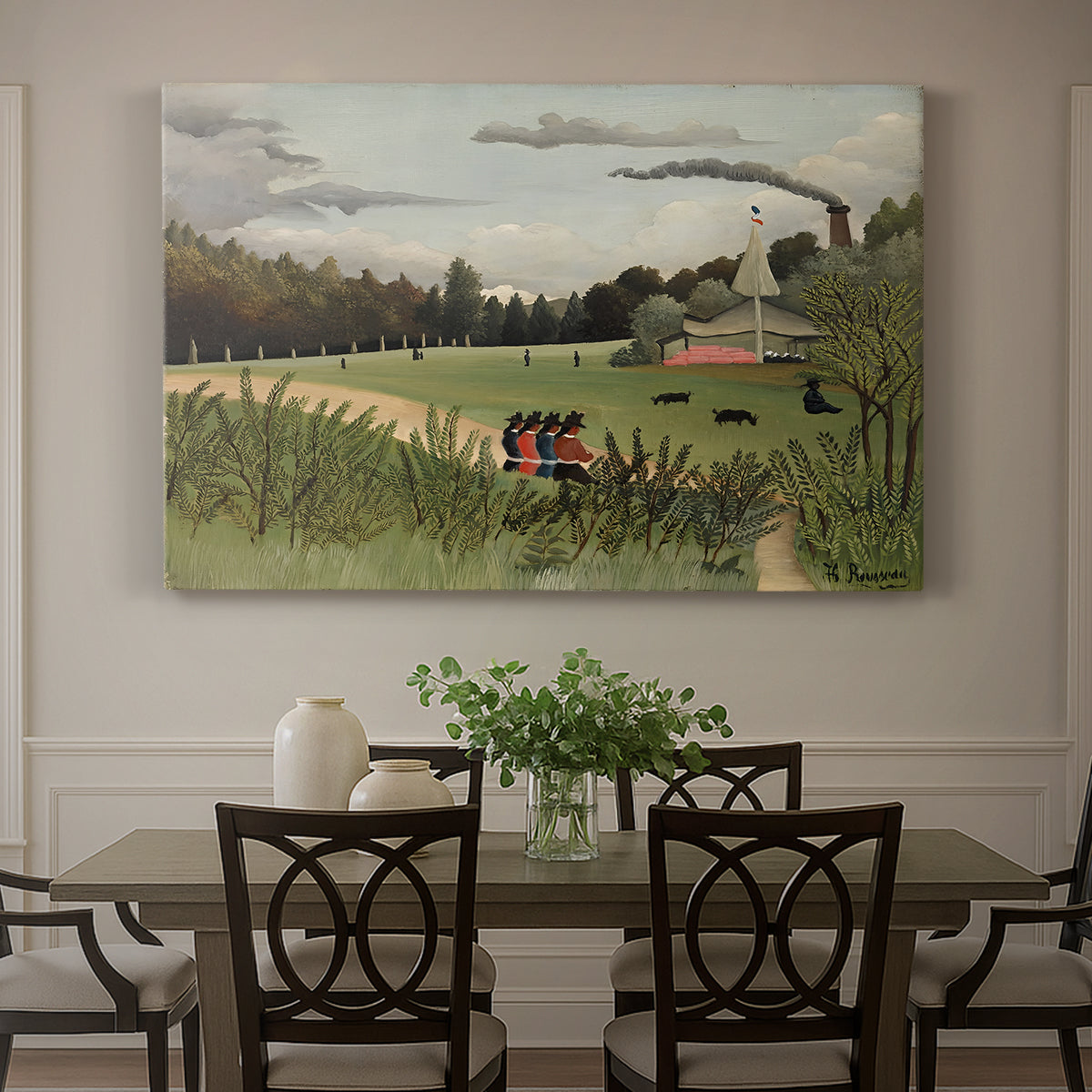 Canvas art print featuring an industrial factory building with figures working in outdoor setting, showcased as a statement wall artwork