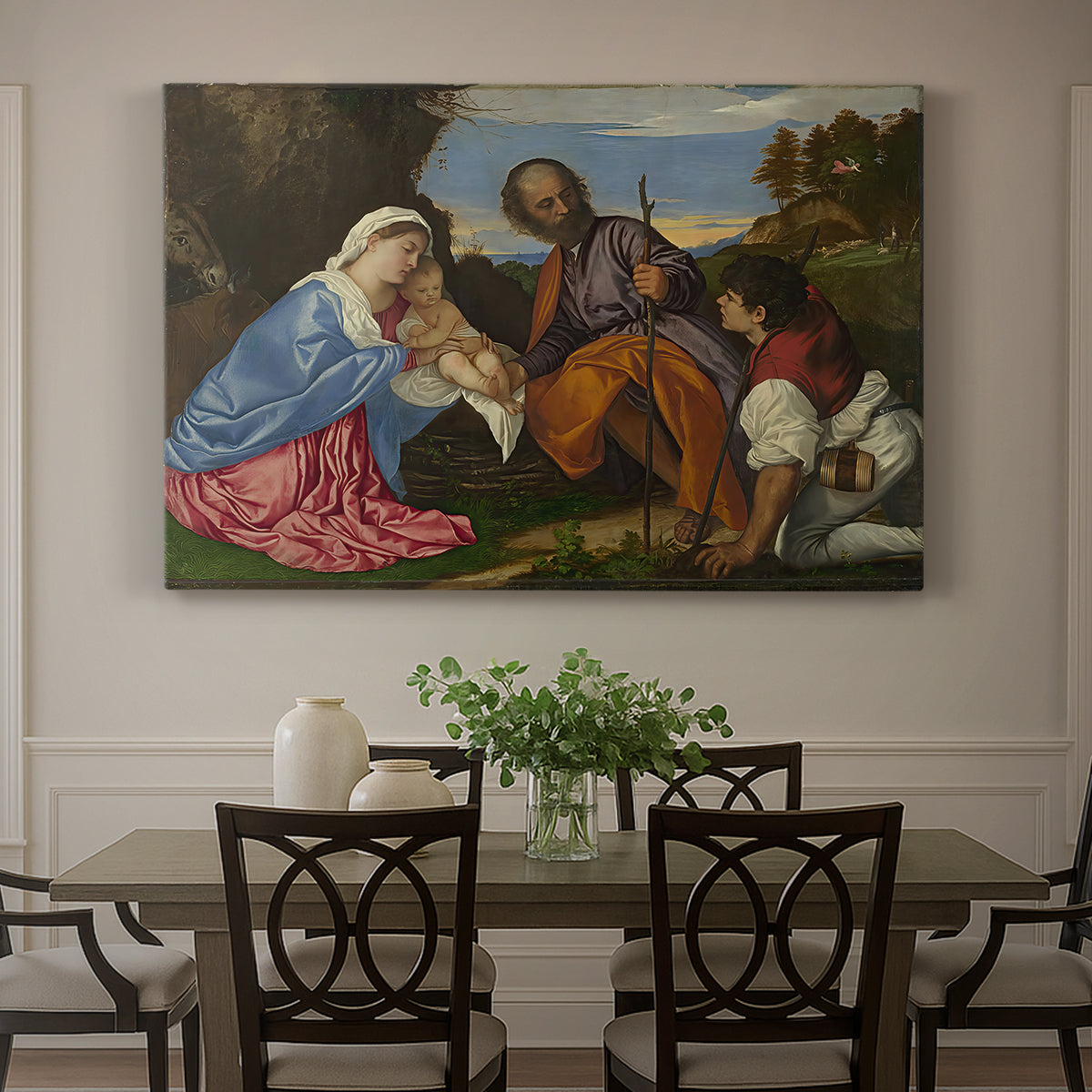 Canvas art print featuring a holy family gathered with shepherd in rustic outdoor setting, showcased as a statement wall artwork