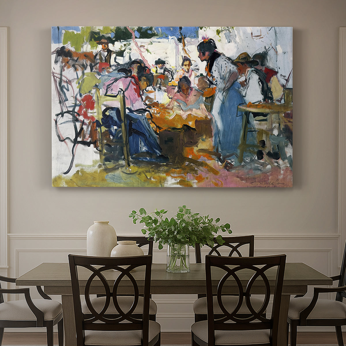 Canvas art print featuring a group of workers repairing fishing nets in outdoor coastal setting, showcased as a statement wall artwork