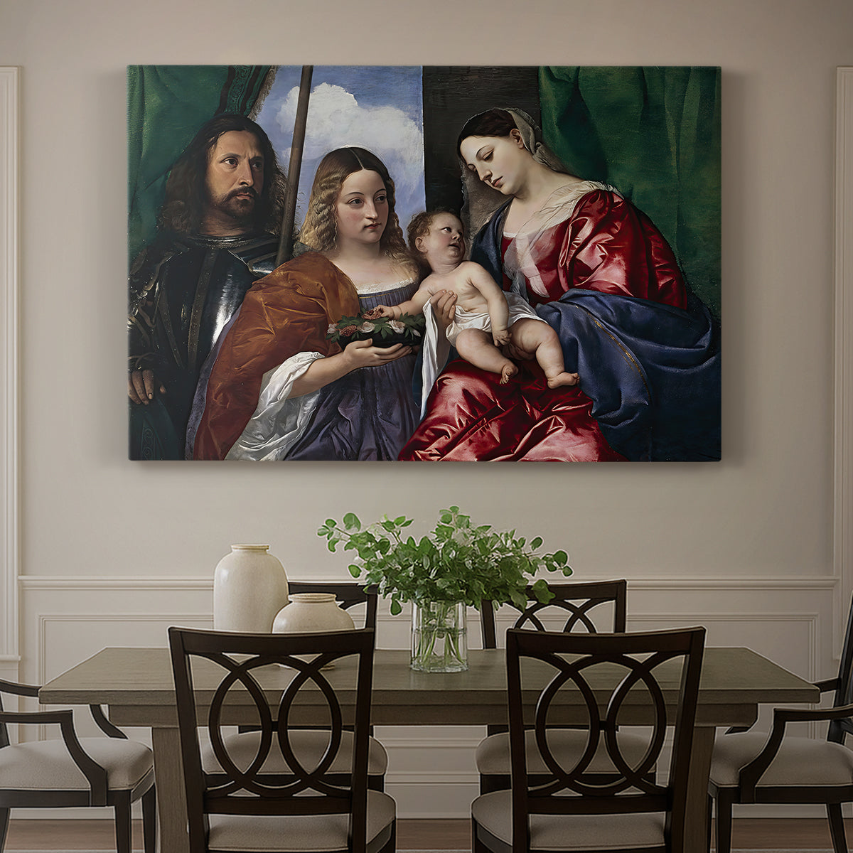 Canvas art print featuring a Madonna and child seated with two saints standing in dark interior setting, showcased as a statement wall artwork