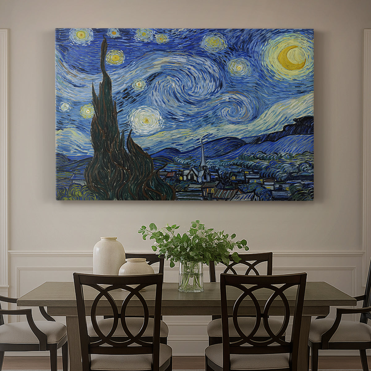 Canvas art print featuring a swirling night sky over village with bright stars, moon, and tall cypress, showcased as a statement wall artwork