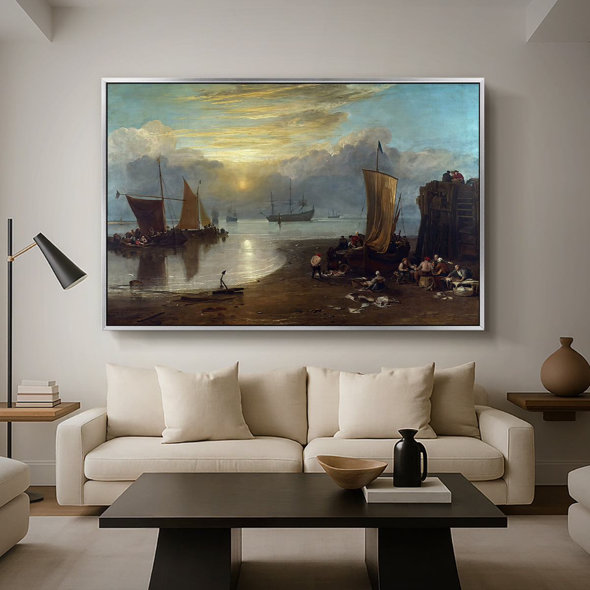 Sun Rising through Vapour: Fishermen Cleaning and Selling Fish, c. 1807 - Floater Framed Canvas Print