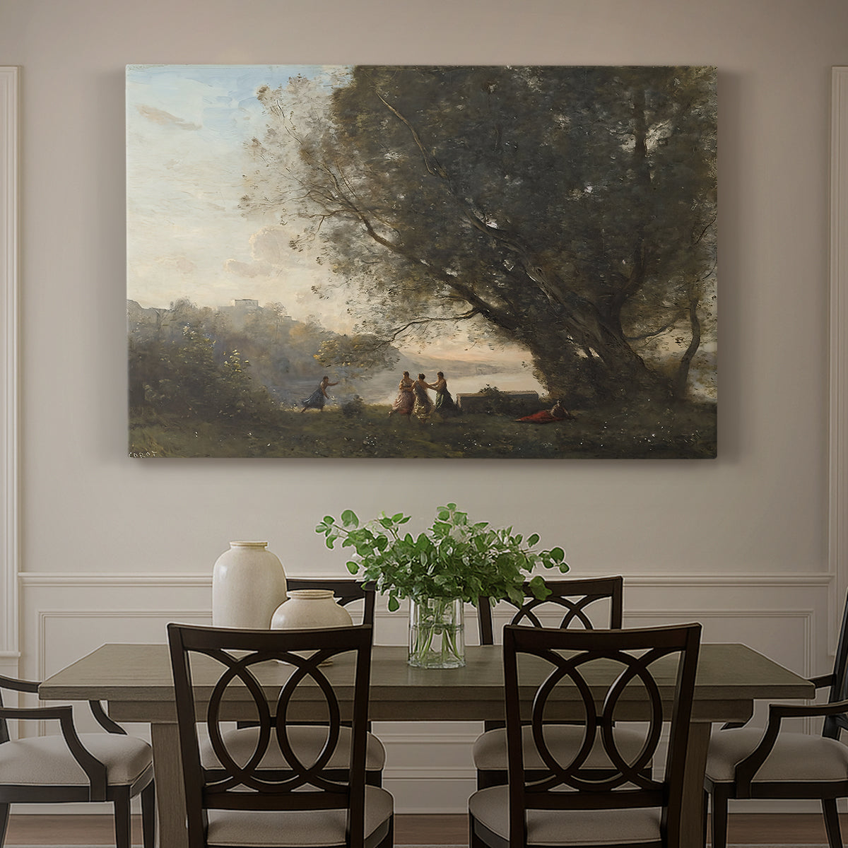 Canvas art print featuring figures dancing beneath trees beside calm lakeside setting, showcased as a statement wall artwork