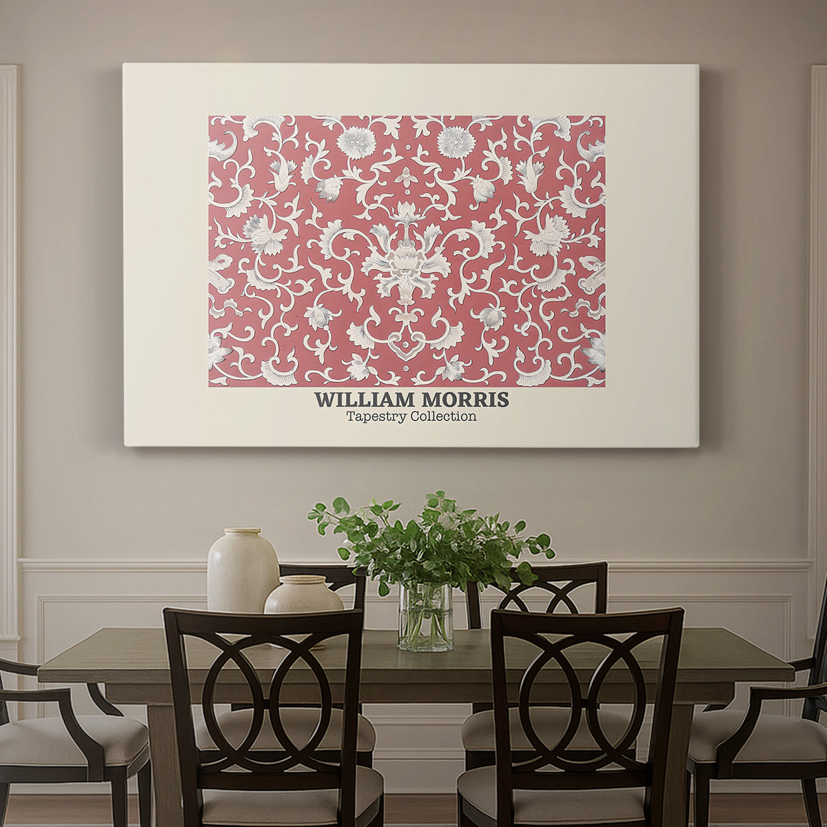 Canvas art print featuring a repeating floral pattern with dense arrangement of blossoms and leaves, showcased as a statement wall artwork