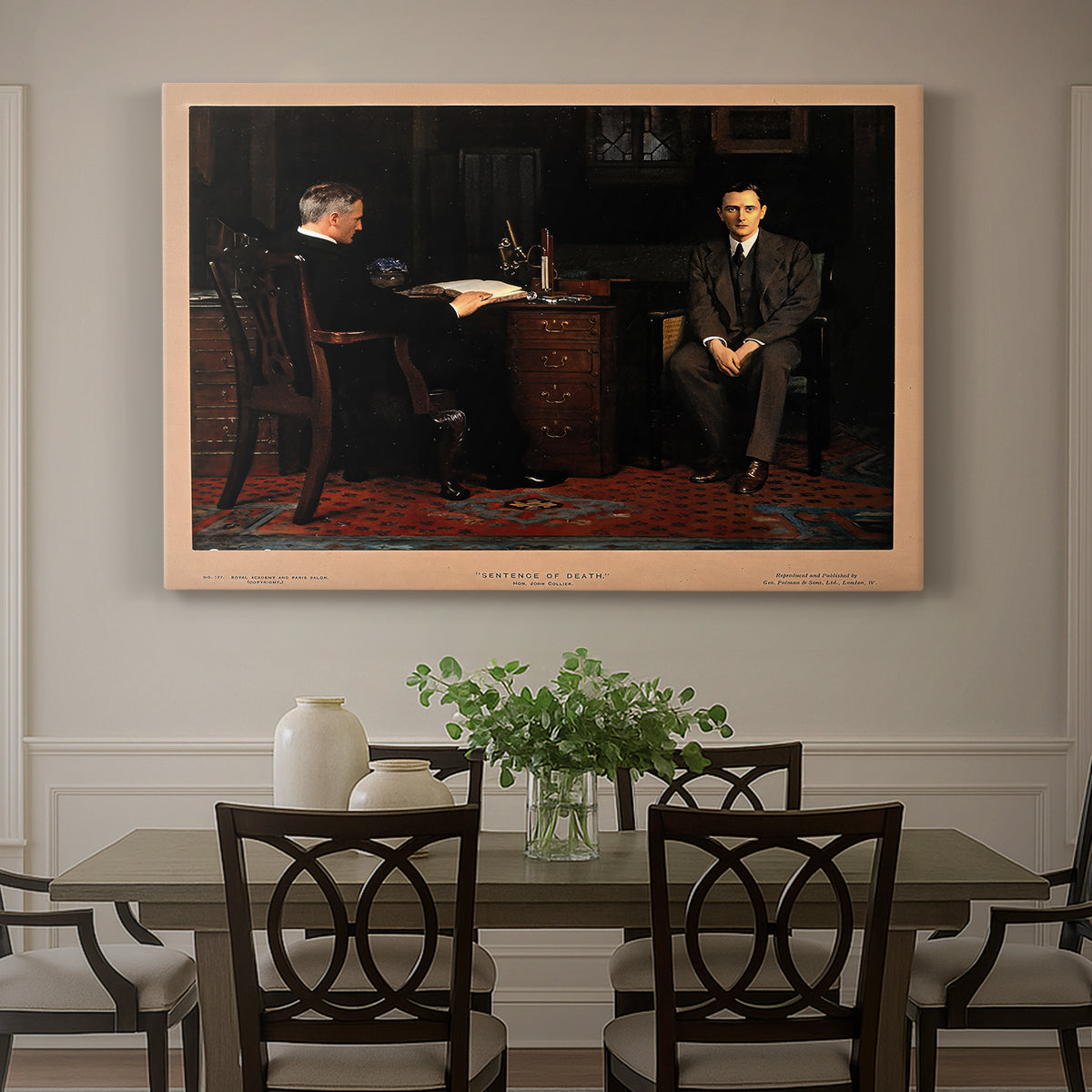 Canvas art print featuring a group of figures gathered indoors around central figure, showcased as a statement wall artwork