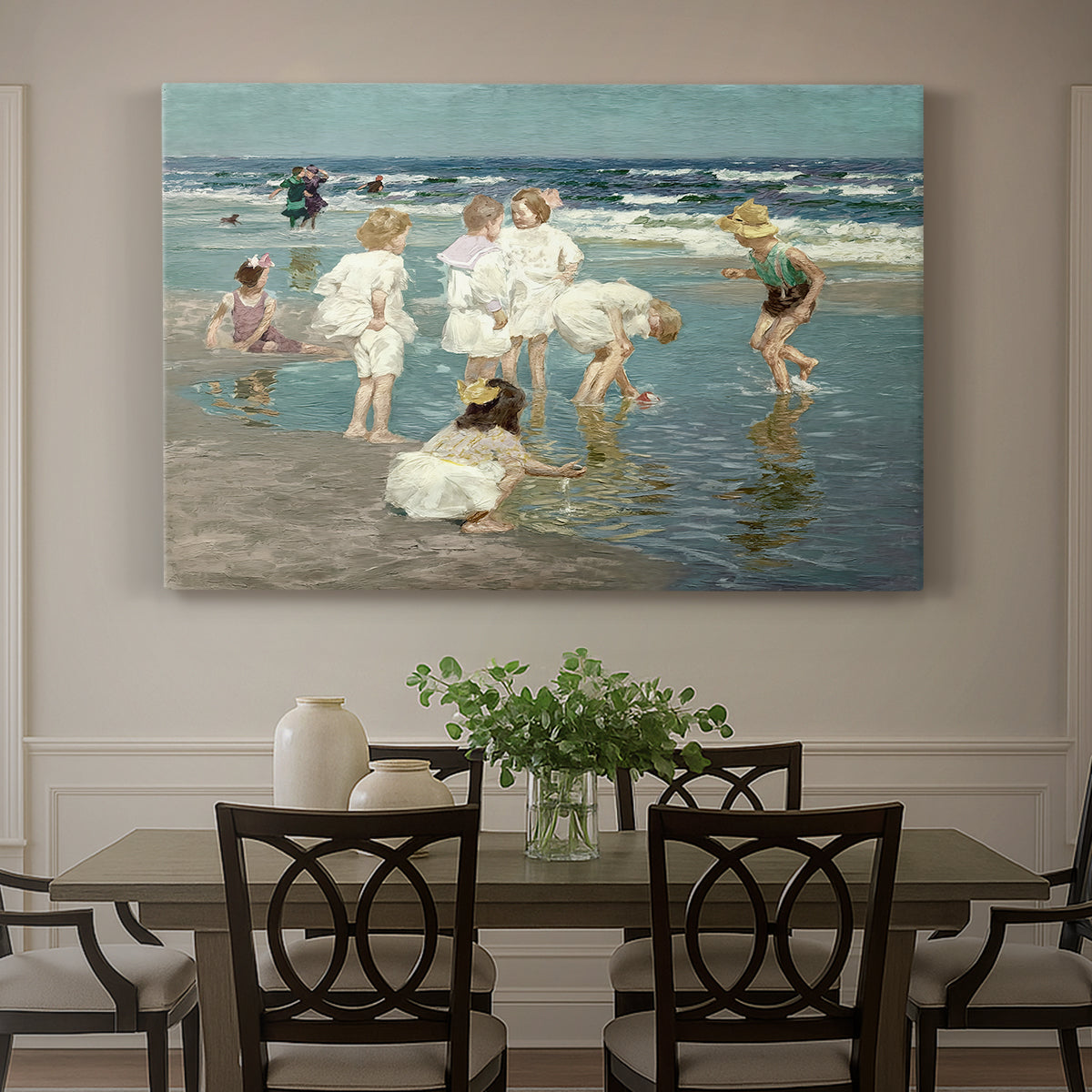 Canvas art print featuring people relaxing and wading in shallow ocean water along a sunny beach, showcased as a statement wall artwork