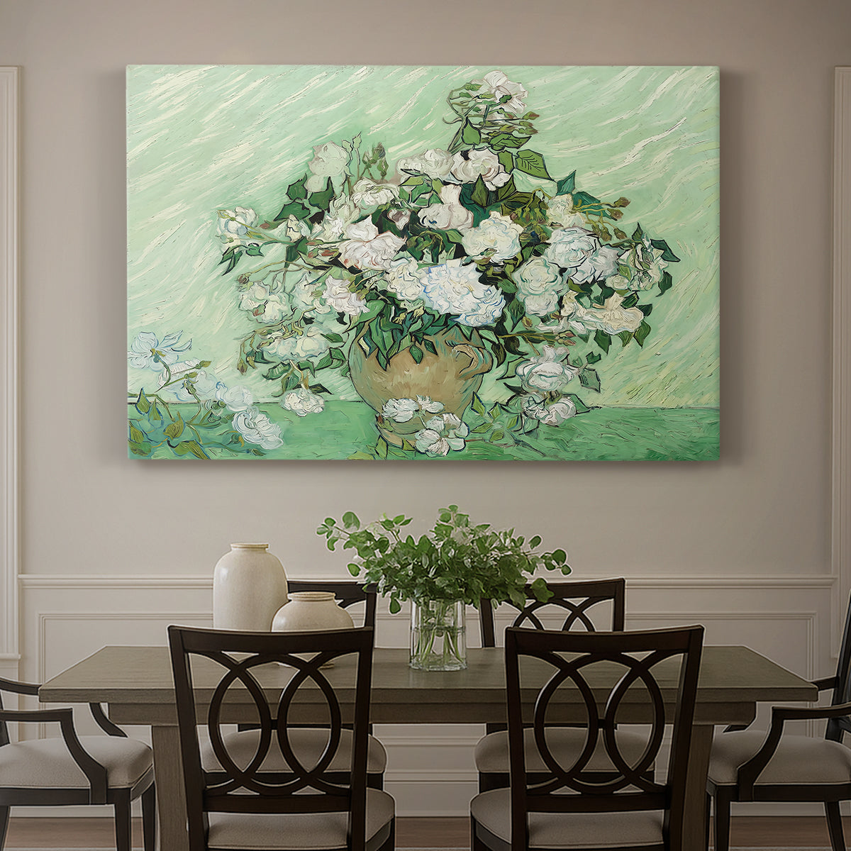Canvas art print featuring a cluster of roses arranged in soft still life with light background, showcased as a statement wall artwork
