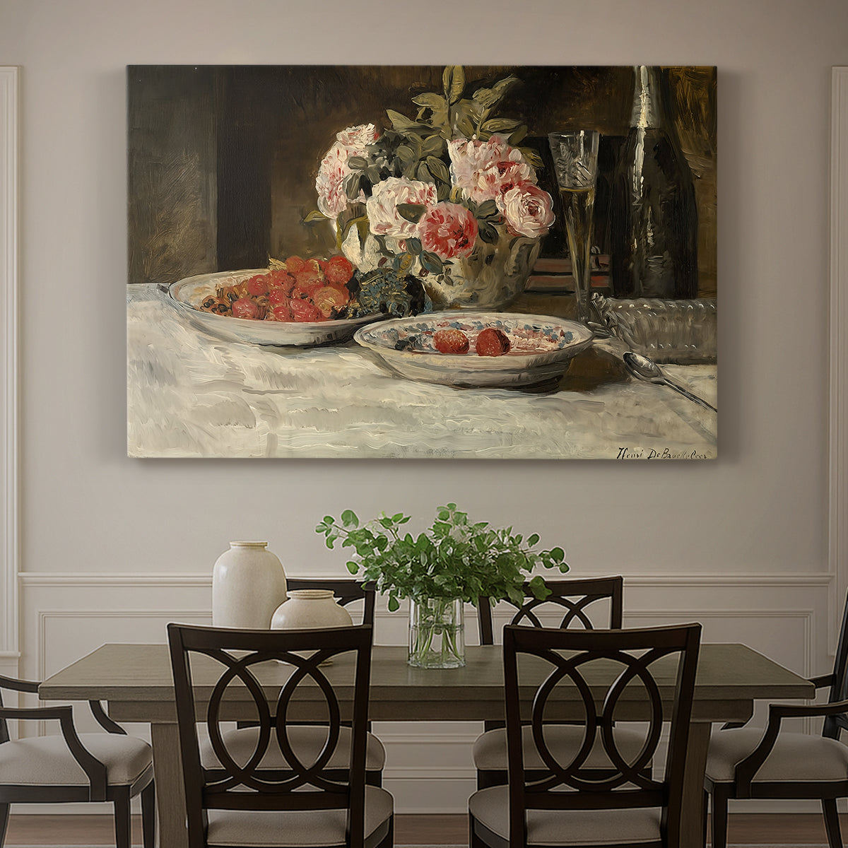 Canvas art print featuring a still life with strawberries, glassware, and bottle arranged on table, showcased as a statement wall artwork