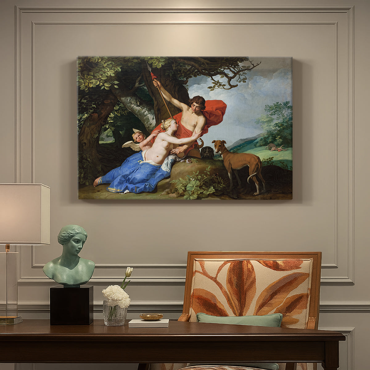 Canvas art print featuring Venus embracing Adonis in a mythological forest scene with Cupid nearby, presented within a refined interior setting