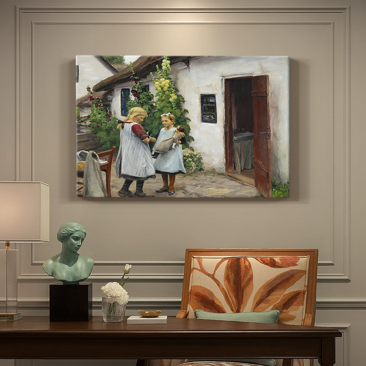 Canvas art print featuring a woman and child standing outside farmhouse searching for missing kitten, presented within a refined interior setting