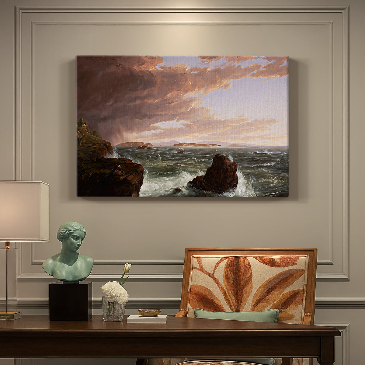 Canvas art print featuring a coastal landscape with water and sky clearing after storm, presented within a refined interior setting