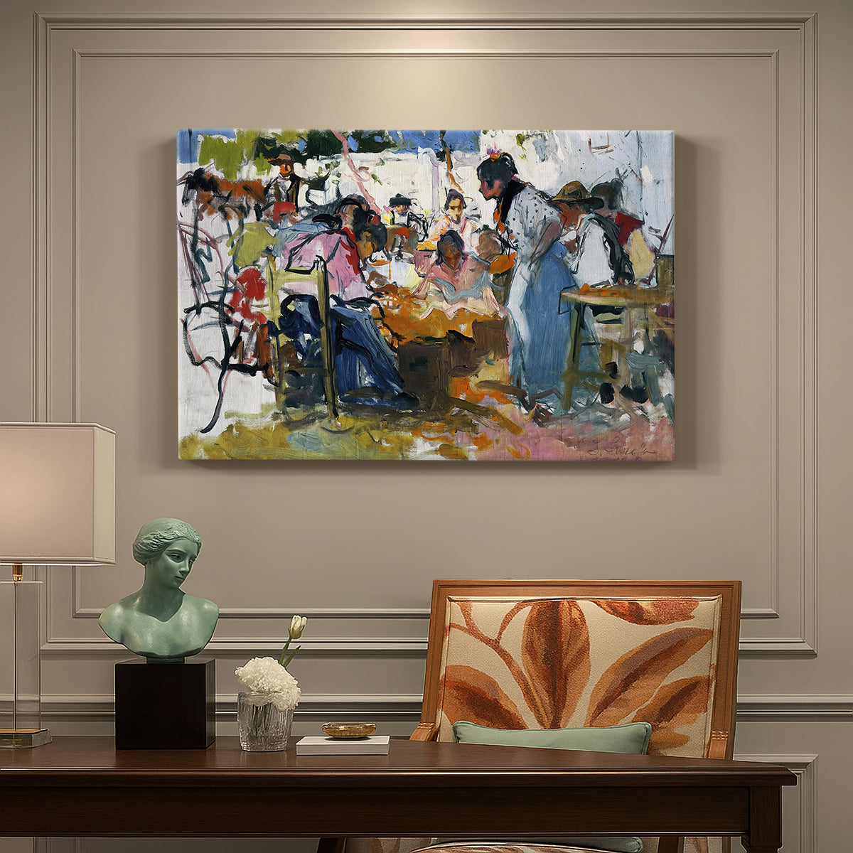 Canvas art print featuring a group of workers repairing fishing nets in outdoor coastal setting, presented within a refined interior setting