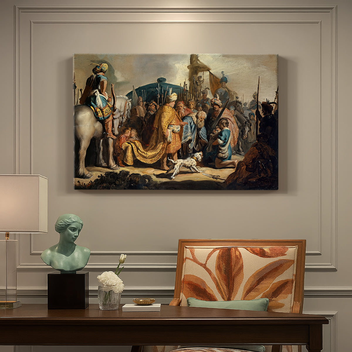 Canvas art print featuring a biblical scene with David holding Goliath's head, presented within a refined interior setting