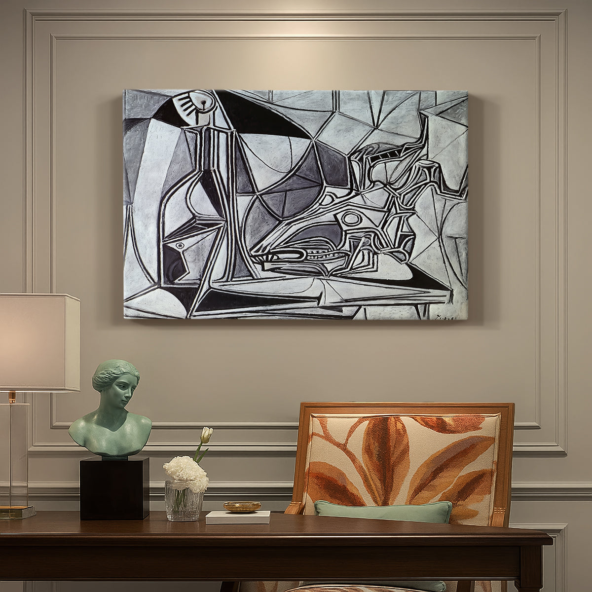 Canvas art print featuring an abstract still life with skull bottle and candle, presented within a refined interior setting