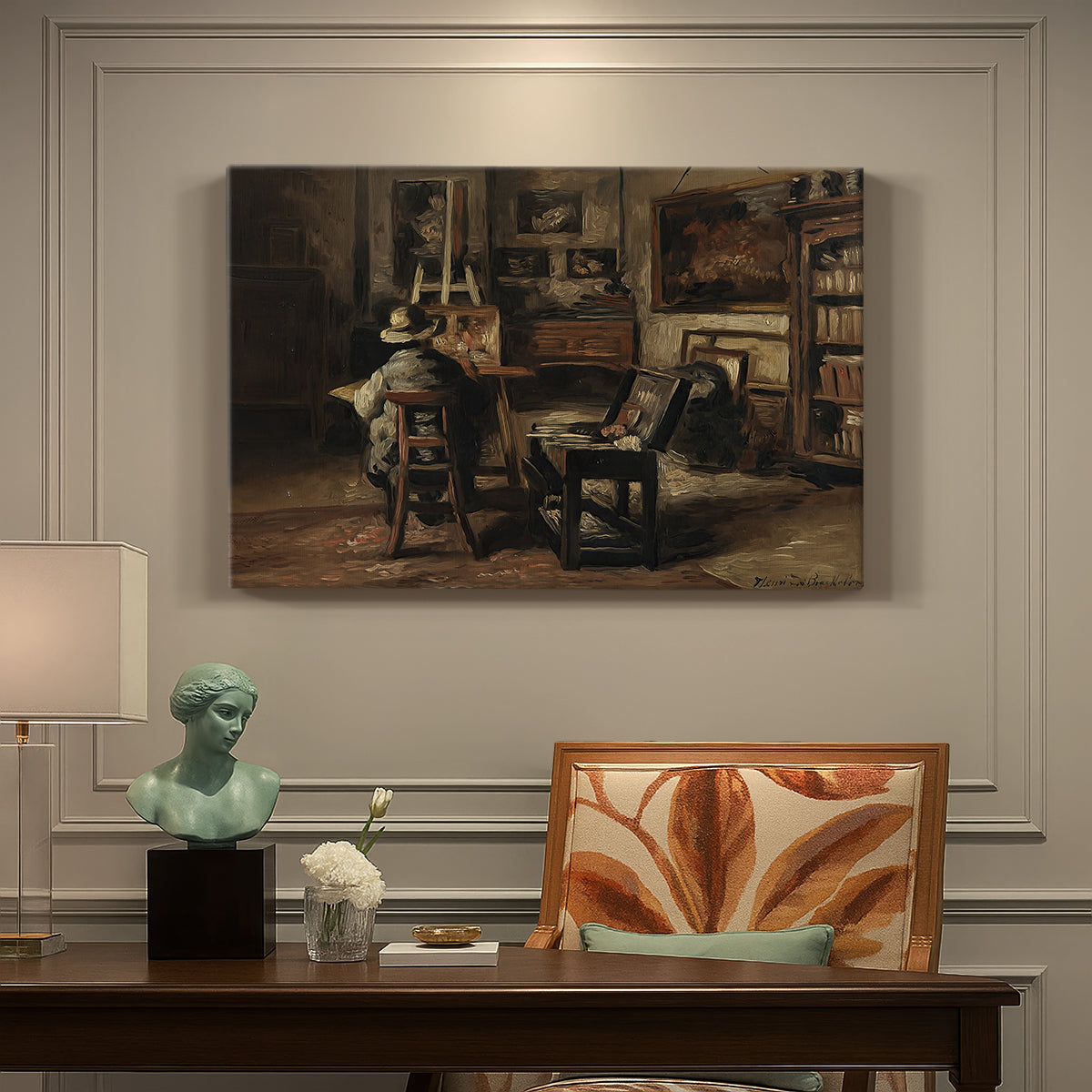 Canvas art print featuring an artist’s studio interior filled with furniture, tools, and paintings under soft light, presented within a refined interior setting