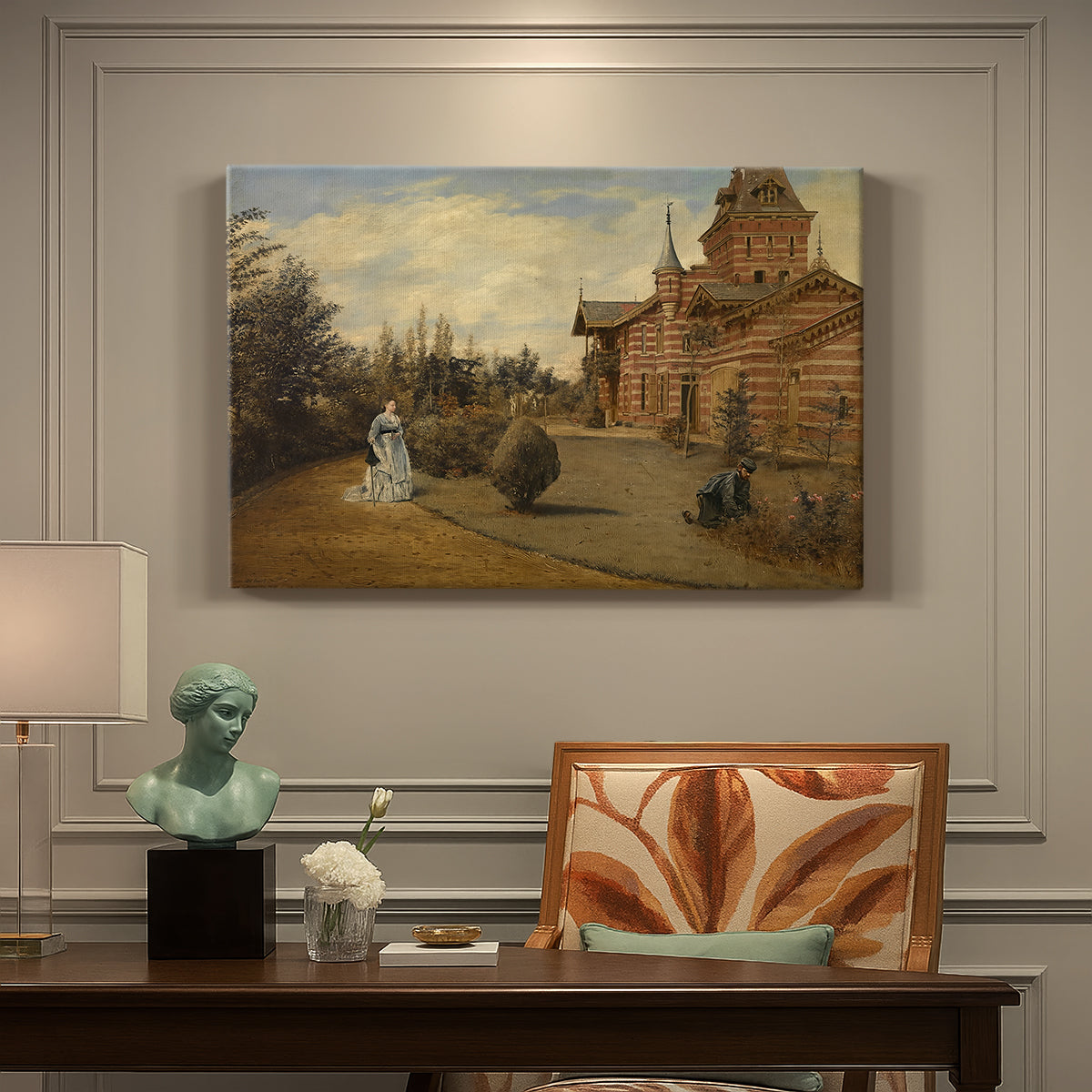 Canvas art print featuring a large house set along quiet street with figures and surrounding buildings, presented within a refined interior setting