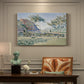 Canvas art print featuring a village with meadow and buildings in soft dotted color, presented within a refined interior setting