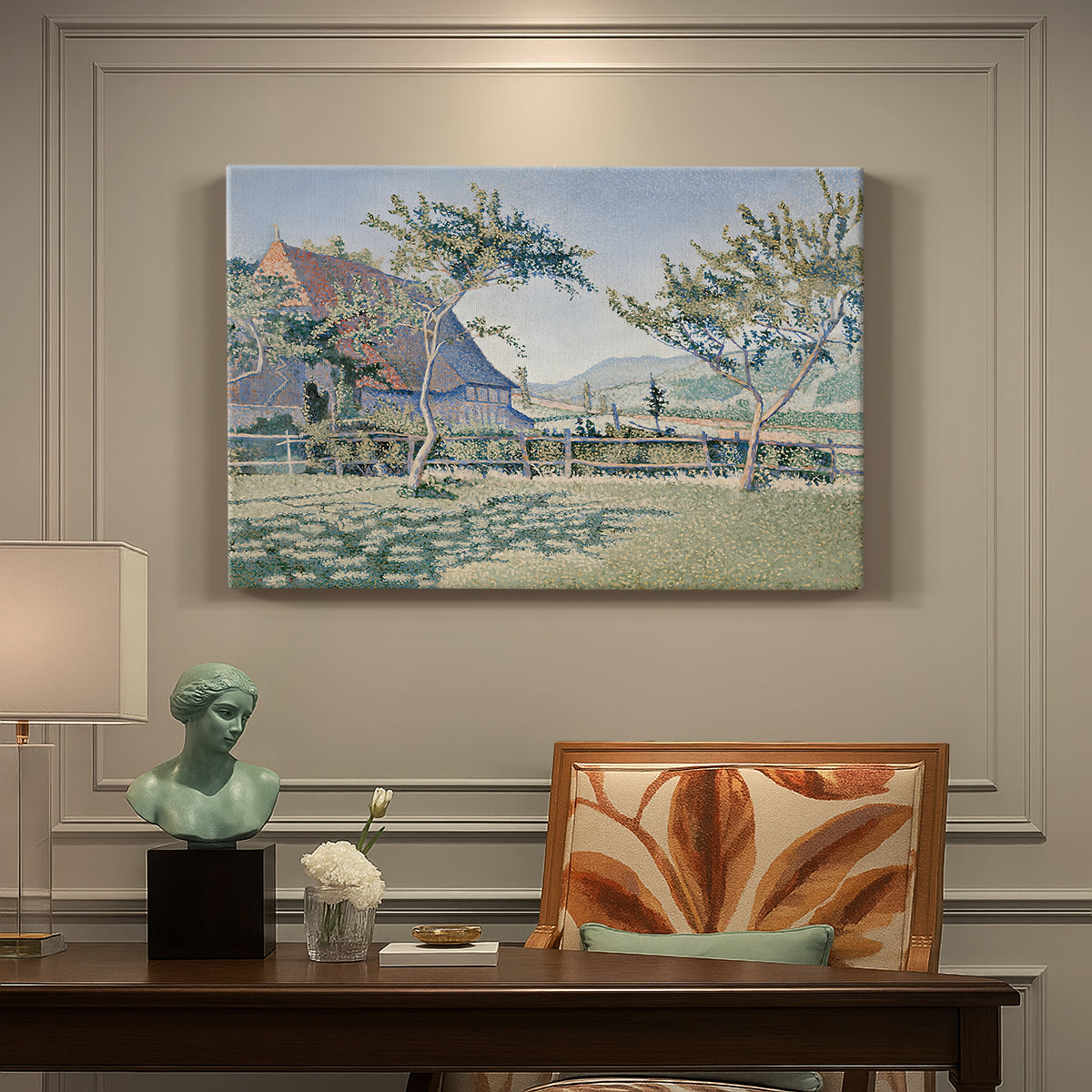 Canvas art print featuring a village with meadow and buildings in soft dotted color, presented within a refined interior setting