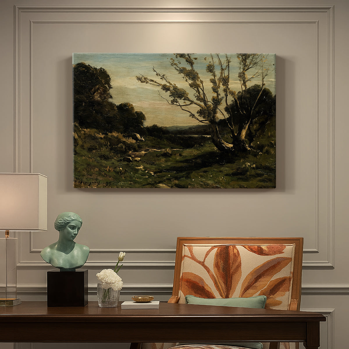Canvas art print featuring an early morning landscape with trees and soft light over countryside, presented within a refined interior setting