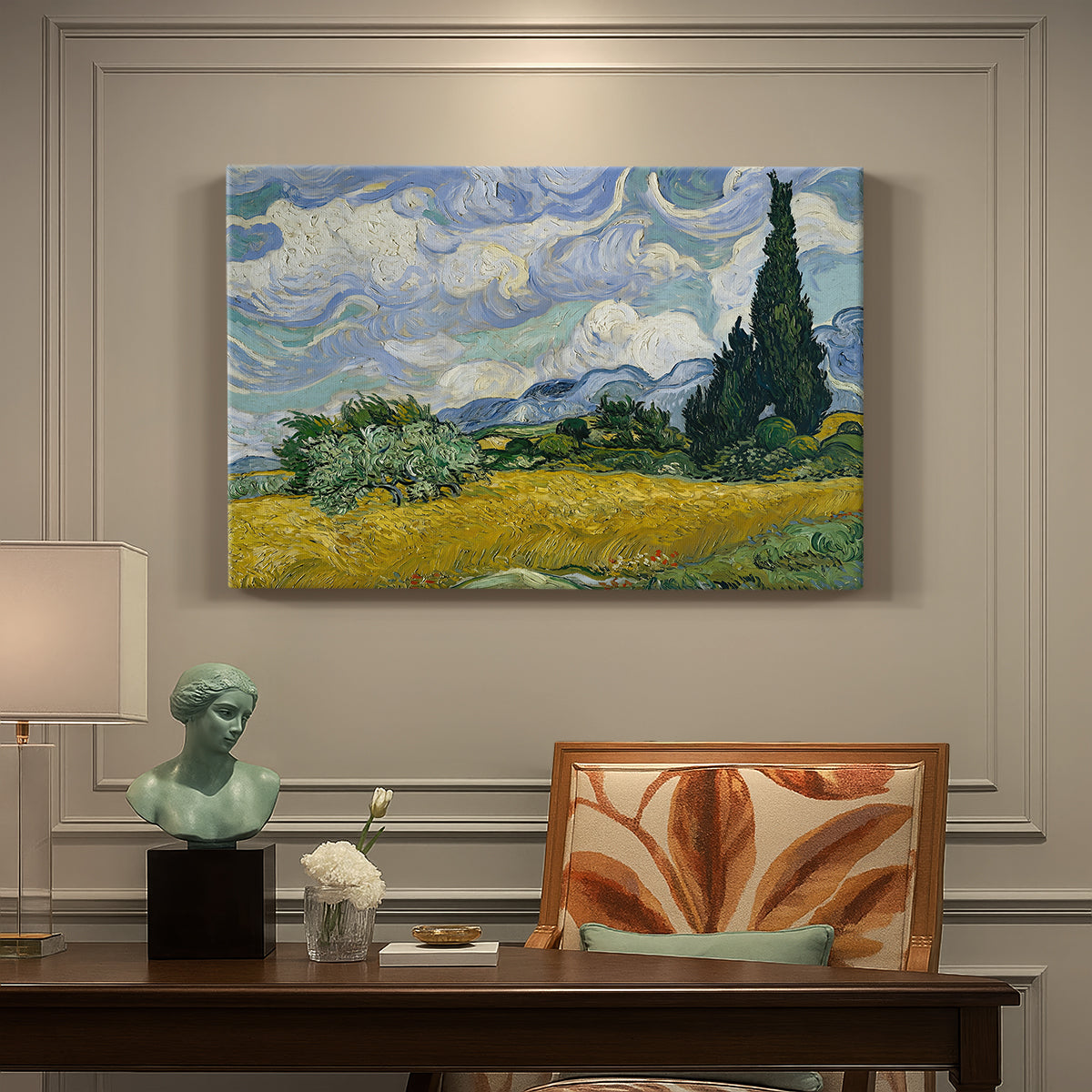 Canvas art print featuring a golden wheat field with tall cypress trees under swirling sky, presented within a refined interior setting