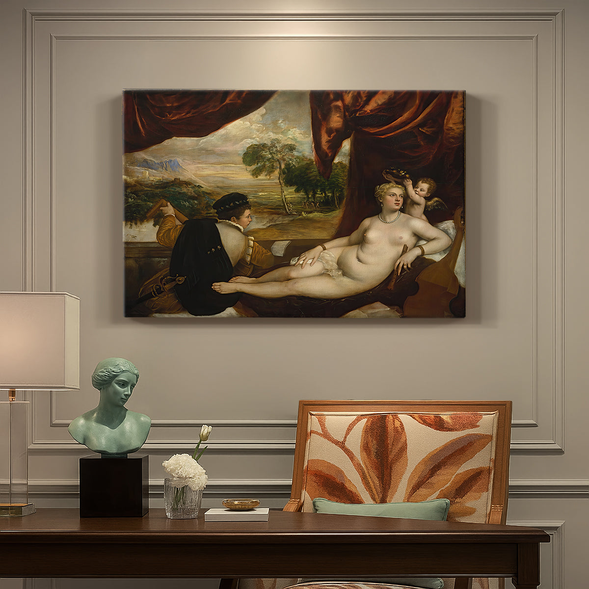Canvas art print featuring a reclining nude woman with lute player in romantic pastoral setting, presented within a refined interior setting