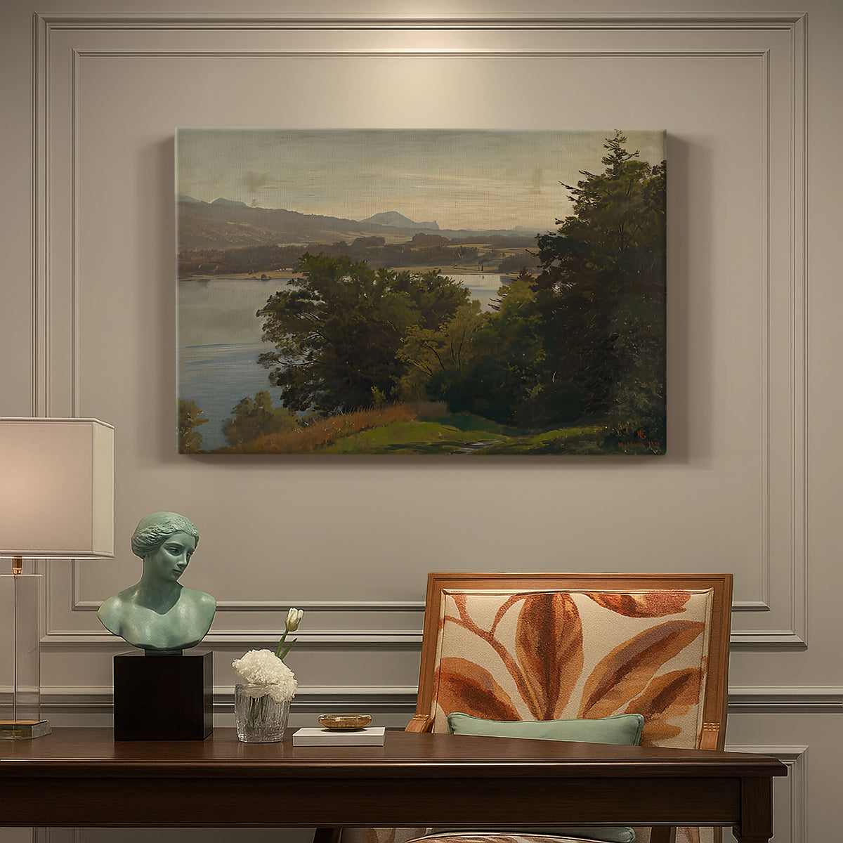 Canvas art print featuring a lake surrounded by hills with reflective water and open sky, presented within a refined interior setting