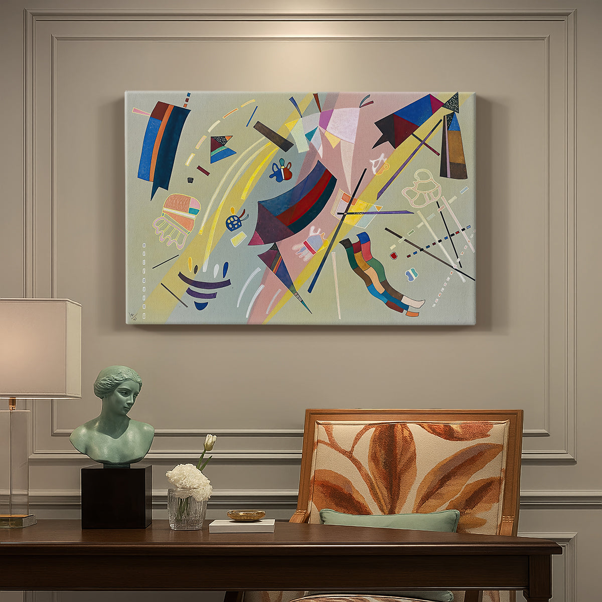Canvas art print featuring a geometric abstract composition with intersecting lines and floating shapes, presented within a refined interior setting