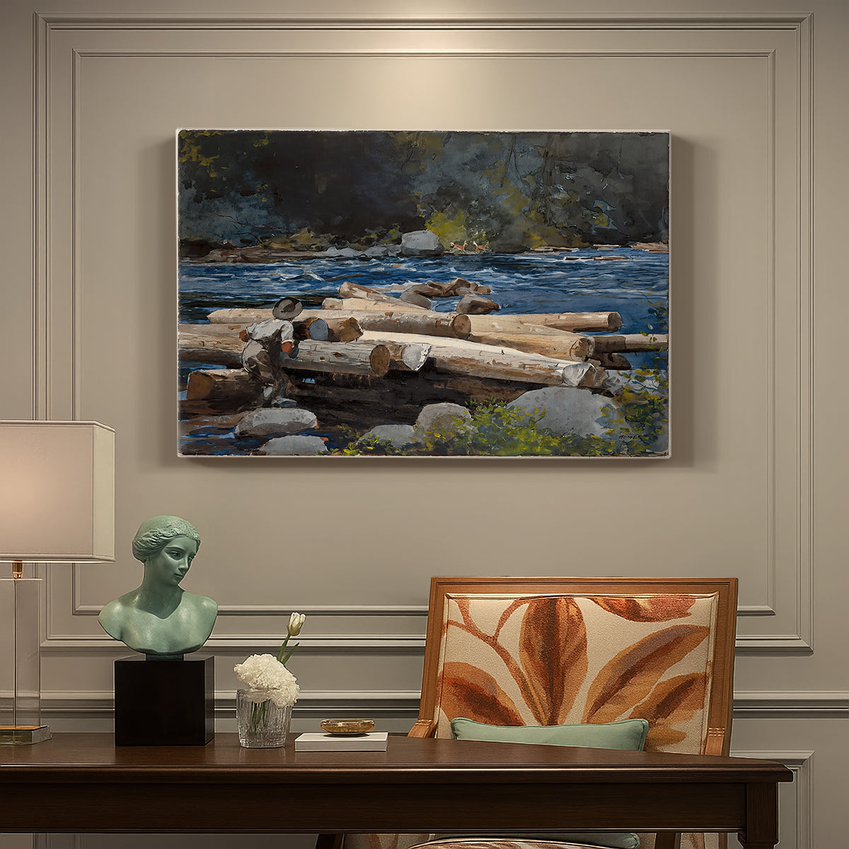 Canvas art print featuring a river landscape with boats and tree-lined banks under soft sky, presented within a refined interior setting