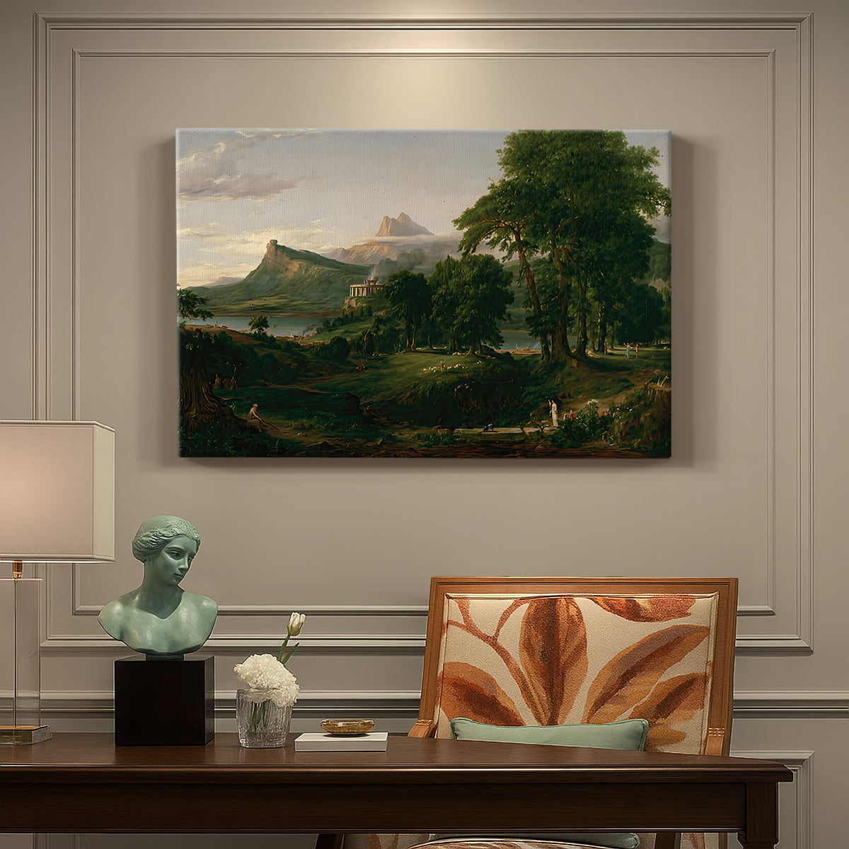 Canvas art print featuring a peaceful pastoral landscape with figures farming and grazing animals, presented within a refined interior setting