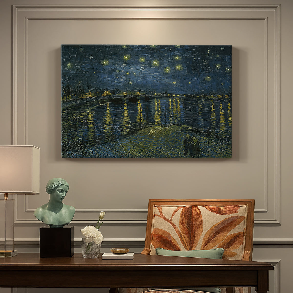 Canvas art print featuring a night river scene with reflections of lights and stars across water, presented within a refined interior setting