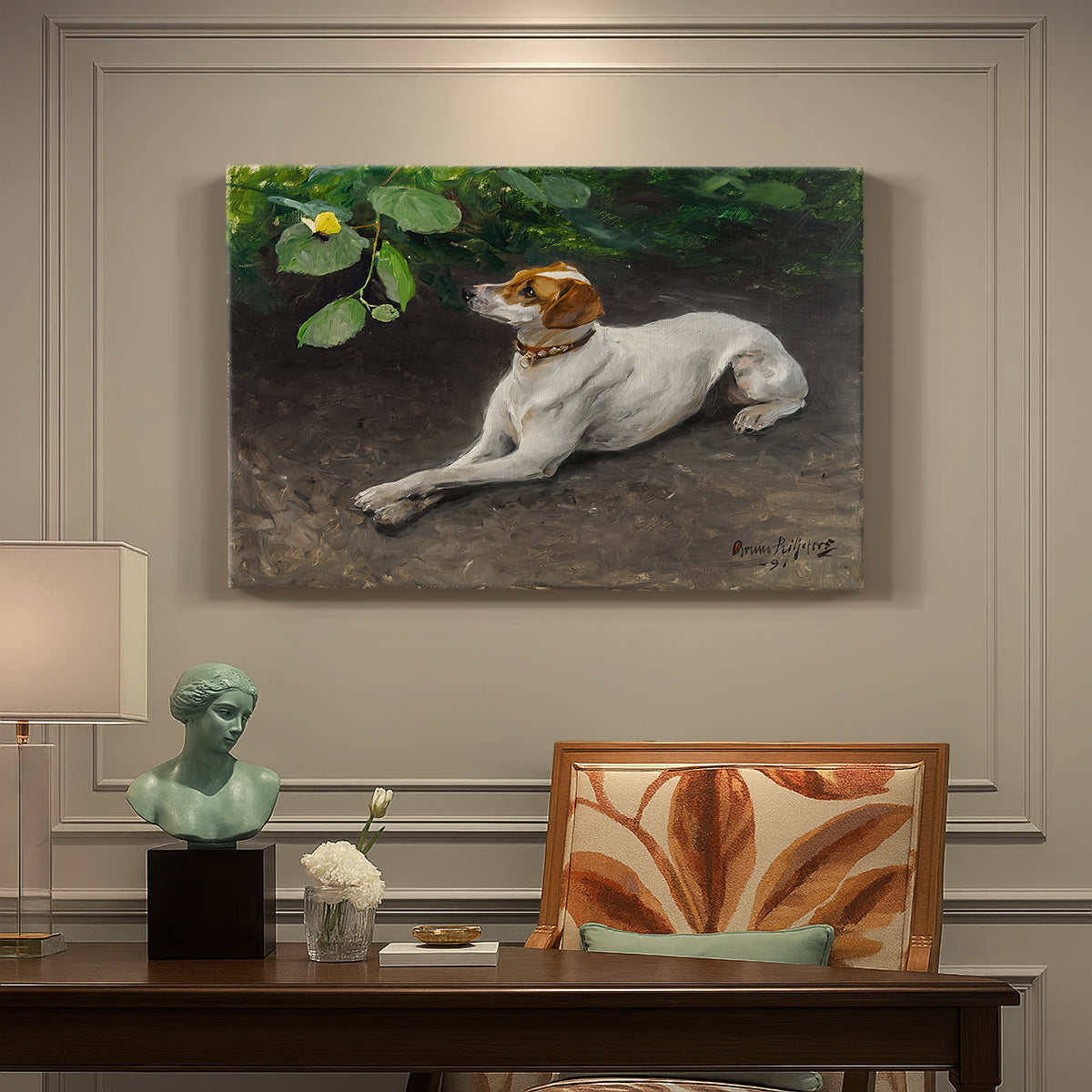Canvas art print featuring a dog lying on ground with head raised in natural outdoor setting, presented within a refined interior setting